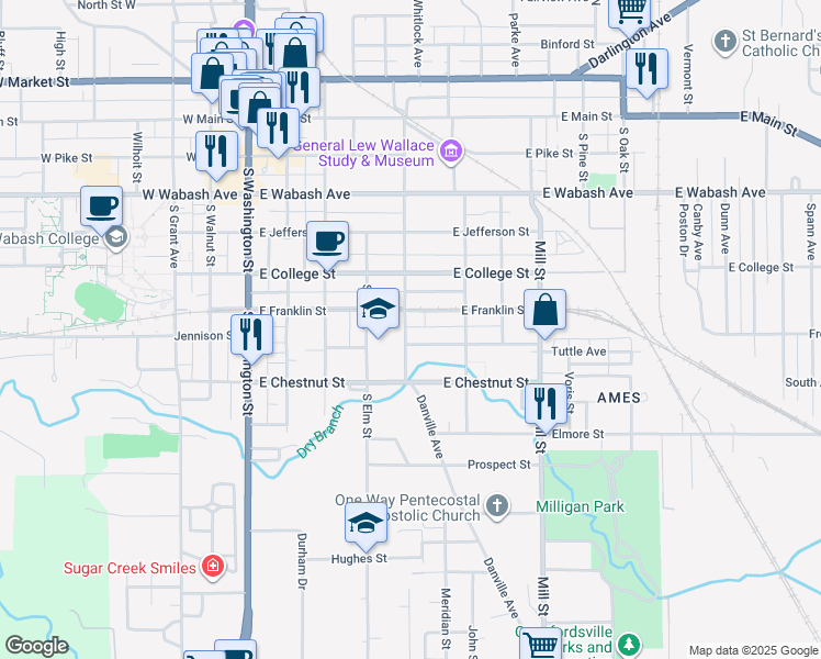 map of restaurants, bars, coffee shops, grocery stores, and more near 612 Wallace Avenue in Crawfordsville