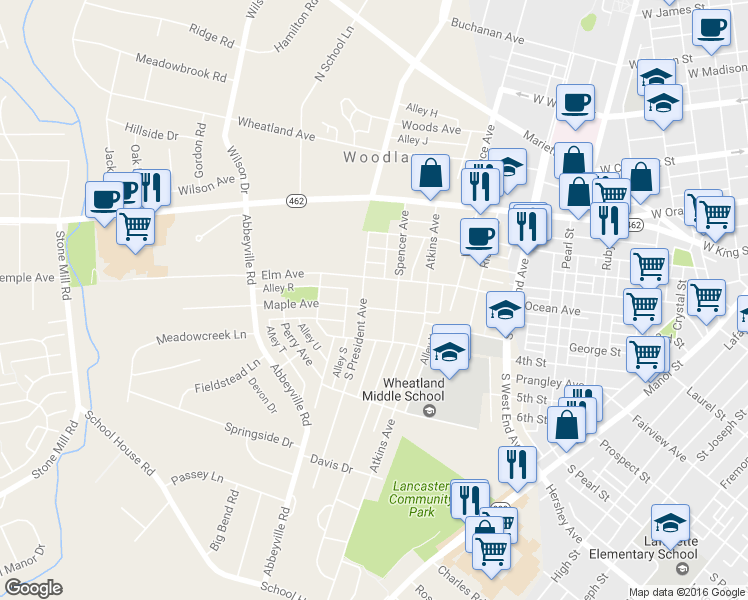 map of restaurants, bars, coffee shops, grocery stores, and more near 1129 Maple Avenue in Lancaster