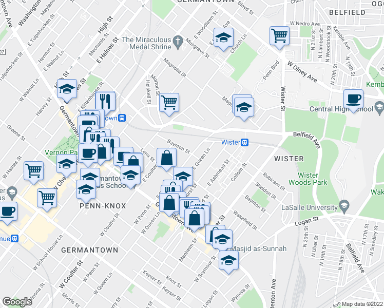 map of restaurants, bars, coffee shops, grocery stores, and more near Baynton St & E Penn St in Philadelphia