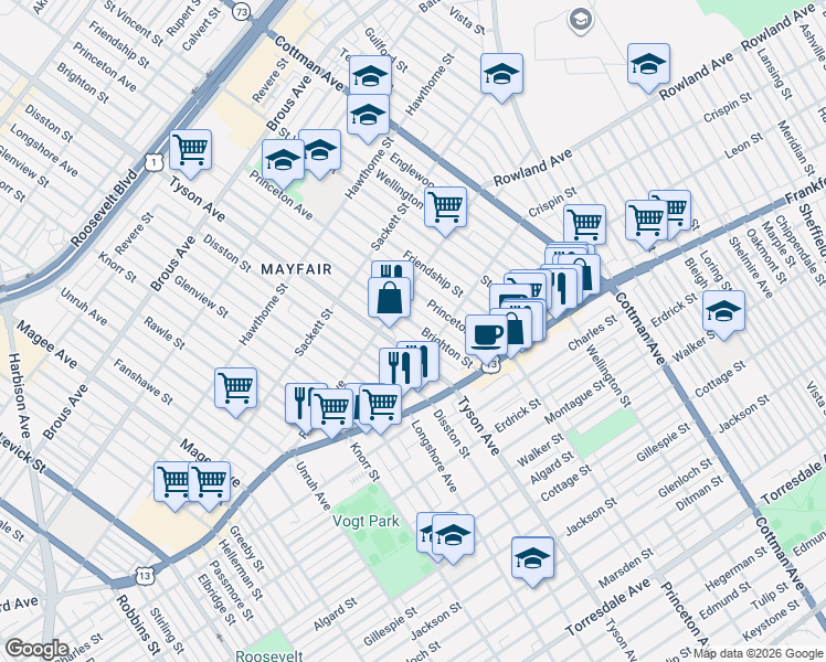 map of restaurants, bars, coffee shops, grocery stores, and more near 3332 Brighton Street in Philadelphia