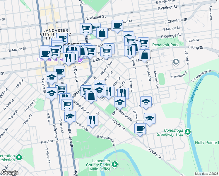 map of restaurants, bars, coffee shops, grocery stores, and more near 228 Chester Street in Lancaster