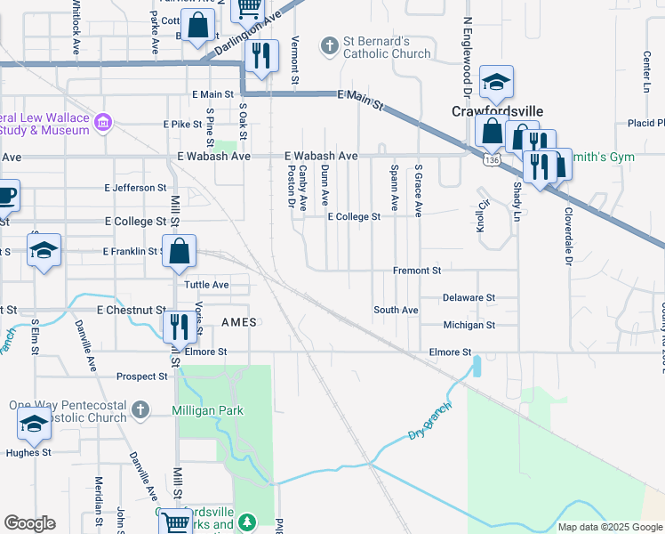 map of restaurants, bars, coffee shops, grocery stores, and more near 610 Dunn Avenue in Crawfordsville