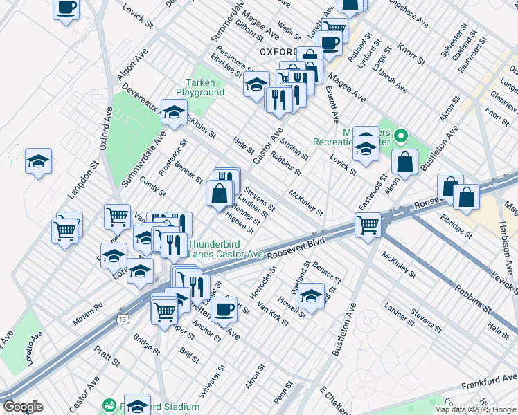 map of restaurants, bars, coffee shops, grocery stores, and more near 1447 Benner Street in Philadelphia