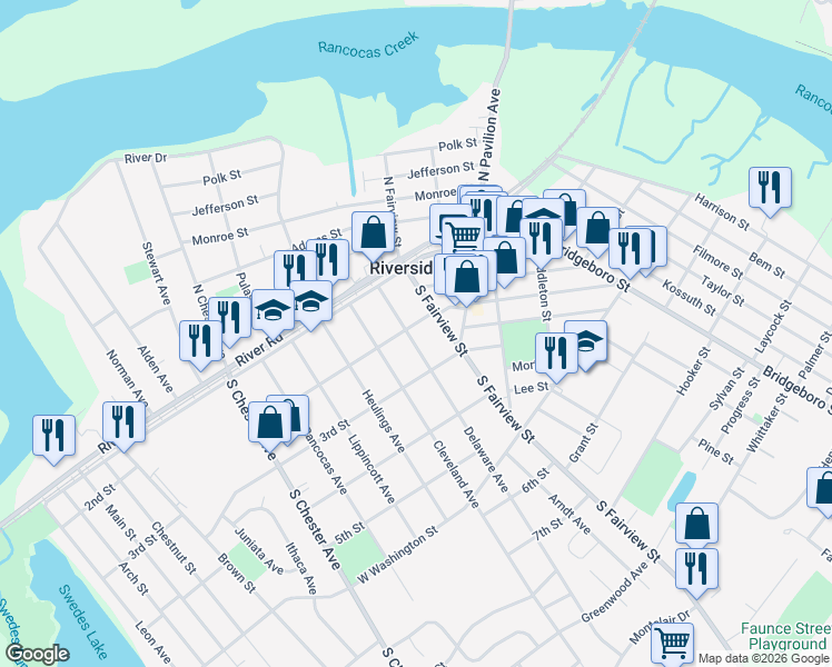 map of restaurants, bars, coffee shops, grocery stores, and more near 204 Delaware Avenue in Riverside