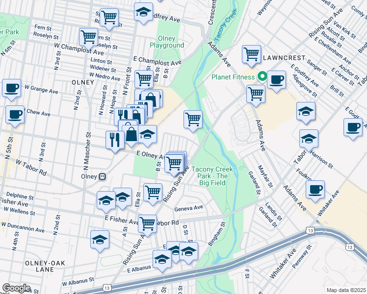 map of restaurants, bars, coffee shops, grocery stores, and more near 5630 Arbor Street in Philadelphia