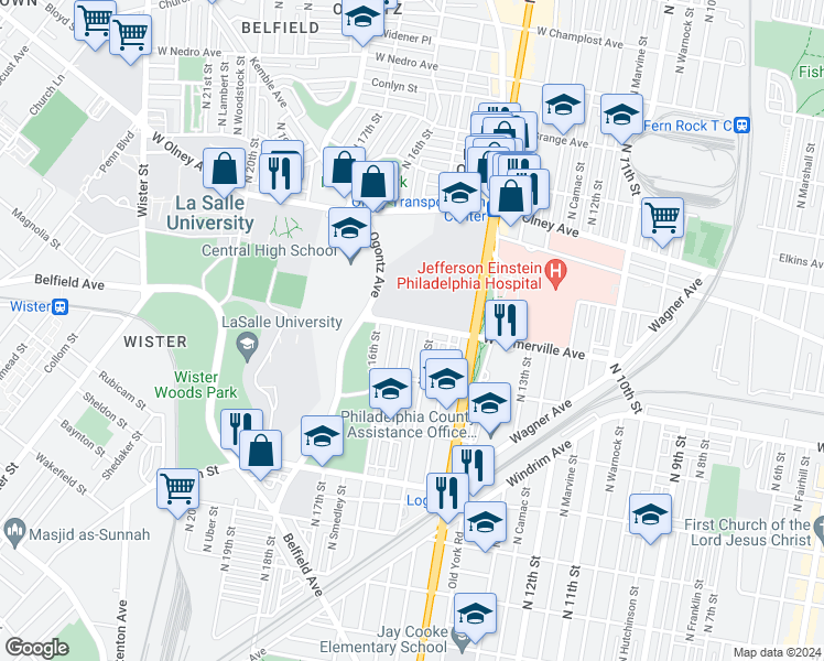 map of restaurants, bars, coffee shops, grocery stores, and more near 5361 North Sydenham Street in Philadelphia