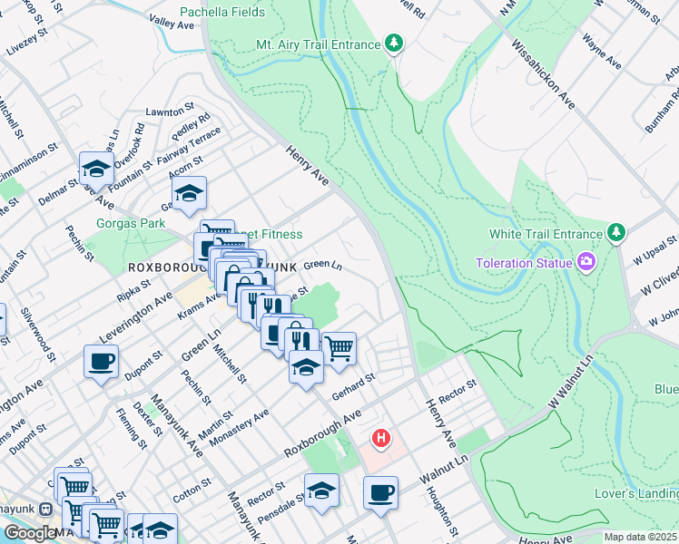 map of restaurants, bars, coffee shops, grocery stores, and more near 624 Green Lane in Philadelphia