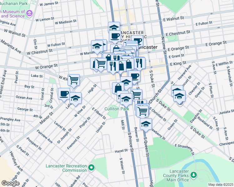 map of restaurants, bars, coffee shops, grocery stores, and more near 122 South Water Street in Lancaster