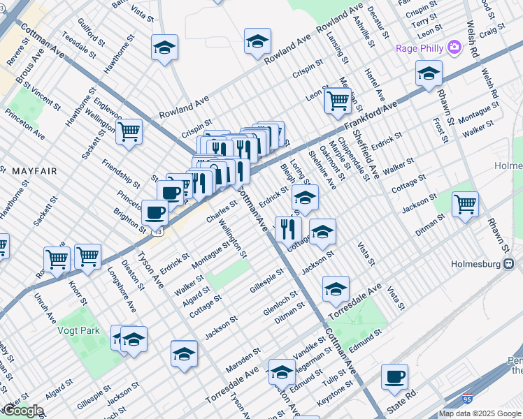 map of restaurants, bars, coffee shops, grocery stores, and more near 4205 Cottman Avenue in Philadelphia