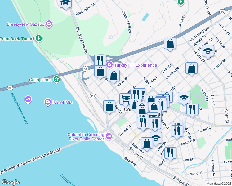 map of restaurants, bars, coffee shops, grocery stores, and more near 330 North 3rd Street in Columbia