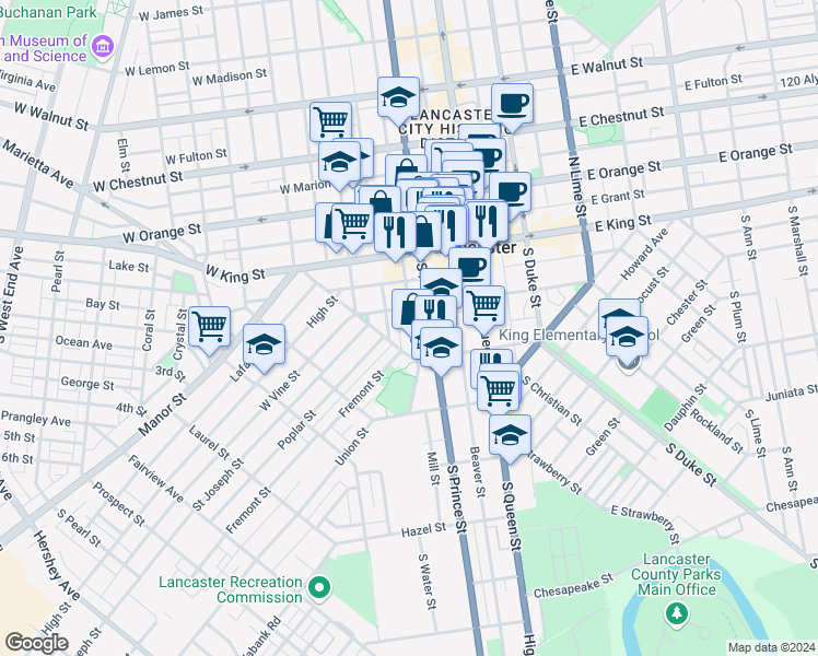map of restaurants, bars, coffee shops, grocery stores, and more near 122 South Water Street in Lancaster