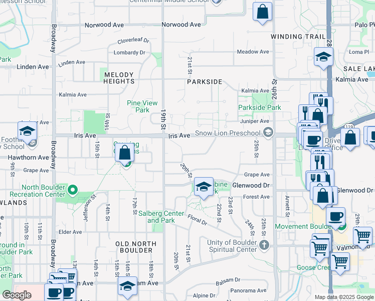 map of restaurants, bars, coffee shops, grocery stores, and more near 2022 Hermosa Drive in Boulder