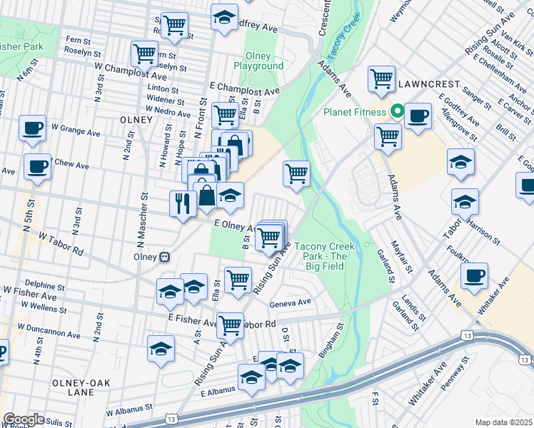 map of restaurants, bars, coffee shops, grocery stores, and more near 5627 Ormes Street in Philadelphia