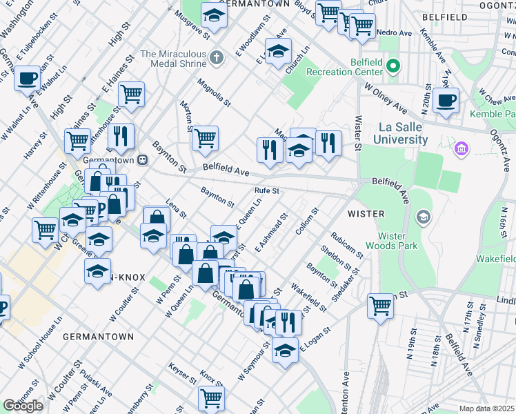 map of restaurants, bars, coffee shops, grocery stores, and more near 272 East Queen Lane in Philadelphia