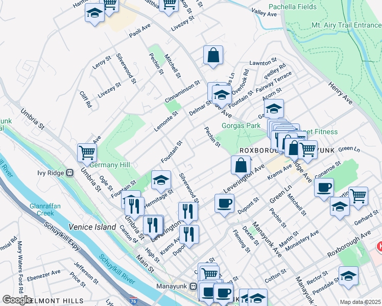 map of restaurants, bars, coffee shops, grocery stores, and more near 340 Gates Street in Philadelphia