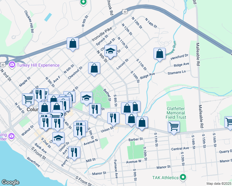 map of restaurants, bars, coffee shops, grocery stores, and more near 115 South 8th Street in Columbia
