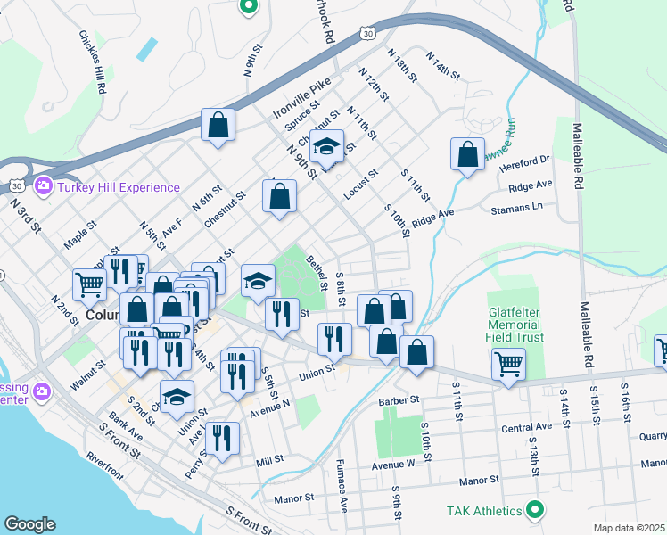 map of restaurants, bars, coffee shops, grocery stores, and more near 114 South 8th Street in Columbia