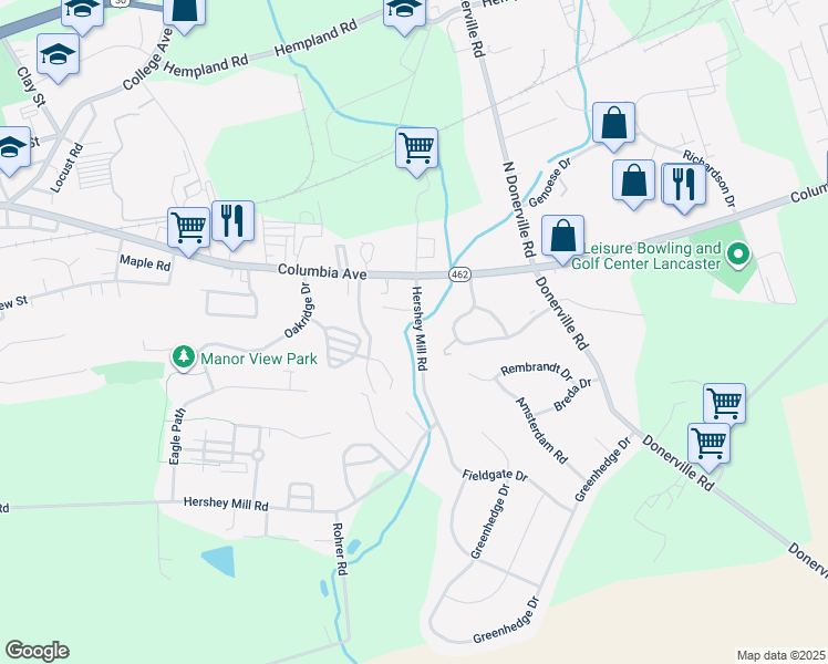 map of restaurants, bars, coffee shops, grocery stores, and more near 192 Hershey Mill Road in Mountville