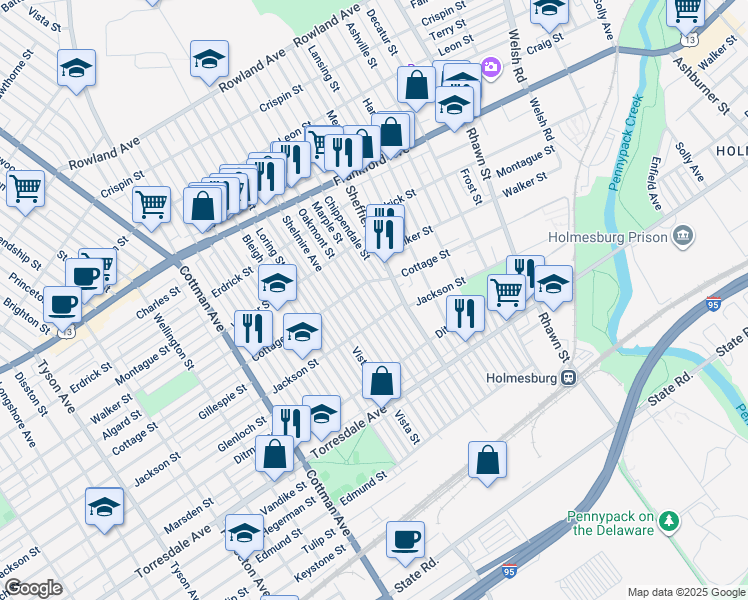 map of restaurants, bars, coffee shops, grocery stores, and more near 4422 Marple Street in Philadelphia