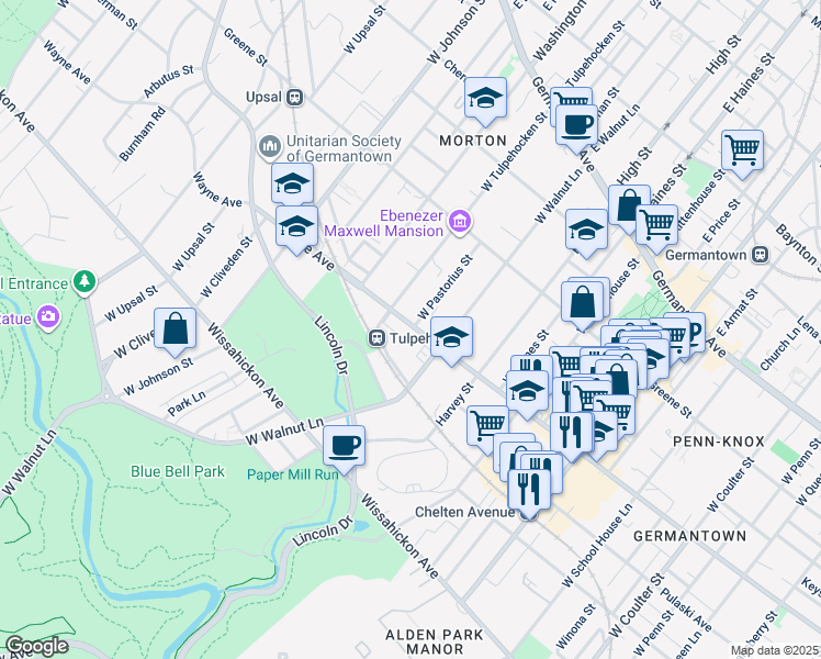 map of restaurants, bars, coffee shops, grocery stores, and more near 6142 Wayne Avenue in Philadelphia