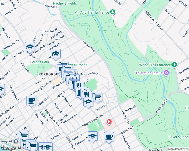 map of restaurants, bars, coffee shops, grocery stores, and more near 614 Green Lane in Philadelphia
