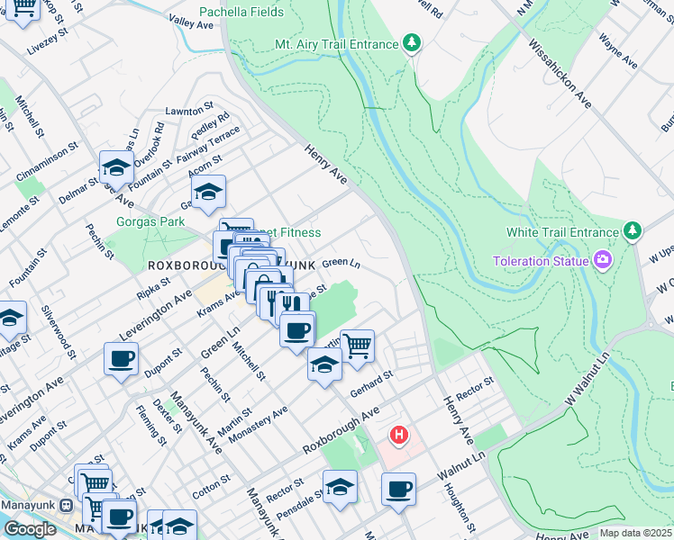 map of restaurants, bars, coffee shops, grocery stores, and more near 604 Green Lane in Philadelphia