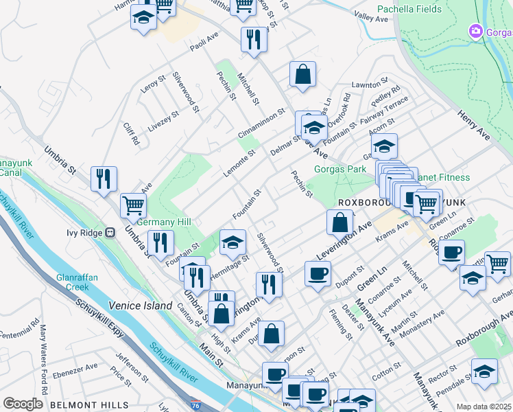 map of restaurants, bars, coffee shops, grocery stores, and more near in Philadelphia