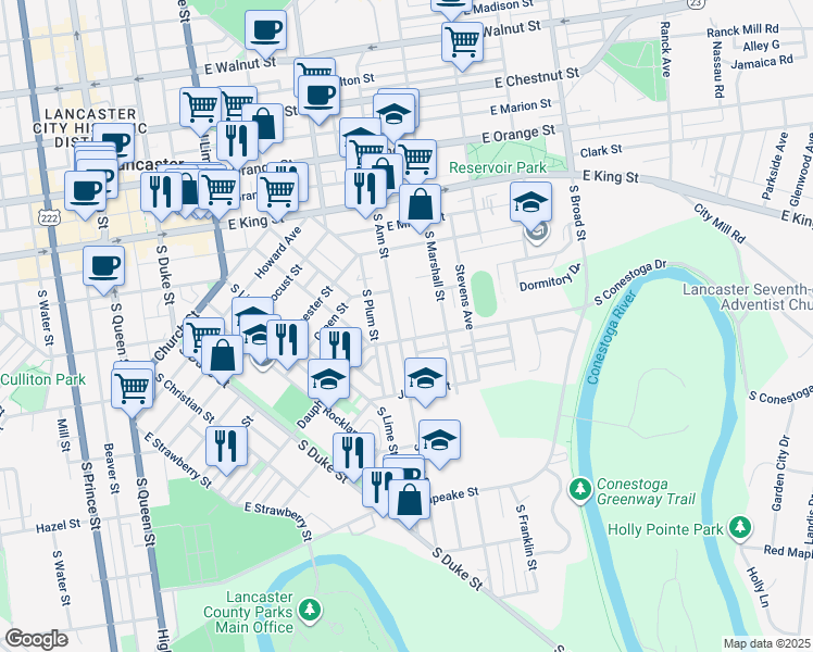 map of restaurants, bars, coffee shops, grocery stores, and more near 245 South Ann Street in Lancaster