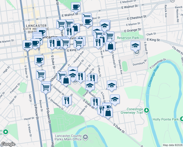 map of restaurants, bars, coffee shops, grocery stores, and more near 560 Pershing Avenue in Lancaster