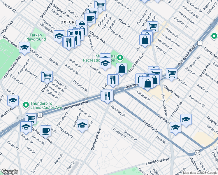 map of restaurants, bars, coffee shops, grocery stores, and more near 6304 Roosevelt Boulevard in Philadelphia