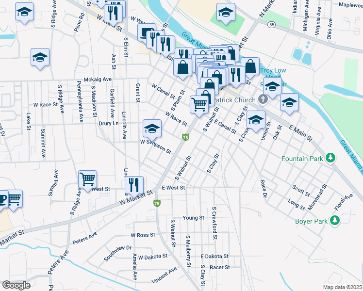 map of restaurants, bars, coffee shops, grocery stores, and more near 411 South Market Street in Troy