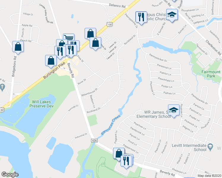 map of restaurants, bars, coffee shops, grocery stores, and more near 13 Roxburn Place in Willingboro