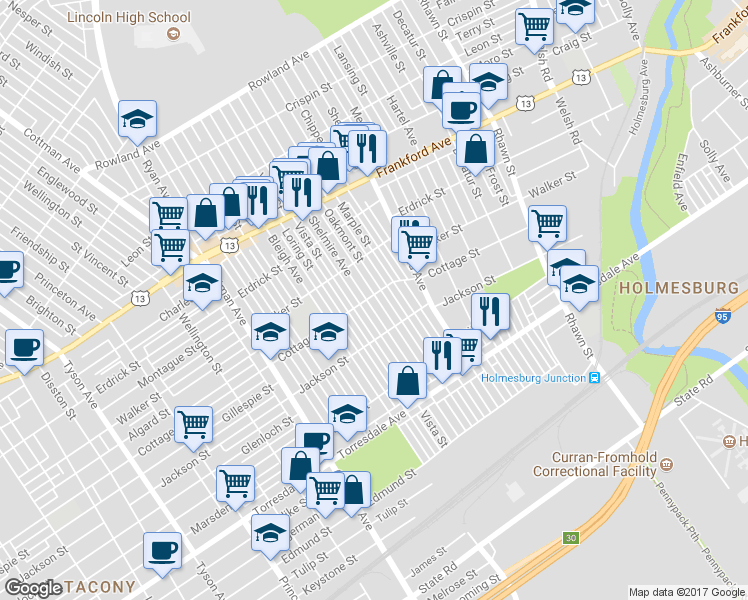 map of restaurants, bars, coffee shops, grocery stores, and more near 4401 Shelmire Avenue in Philadelphia