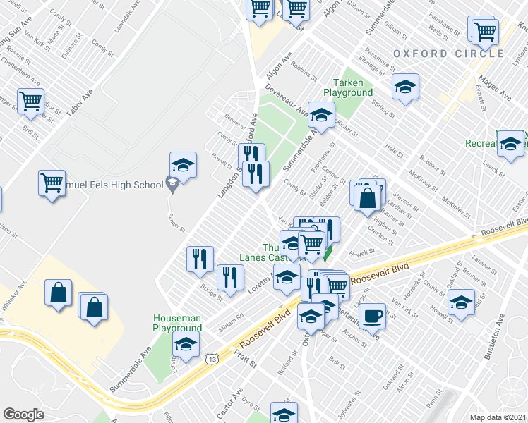 map of restaurants, bars, coffee shops, grocery stores, and more near 1116 Van Kirk Street in Philadelphia