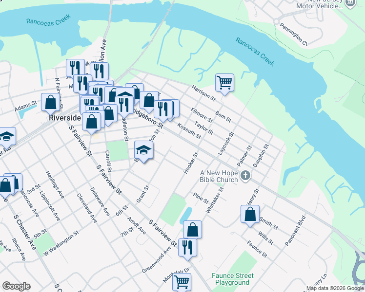 map of restaurants, bars, coffee shops, grocery stores, and more near 511 Howard Street in Riverside