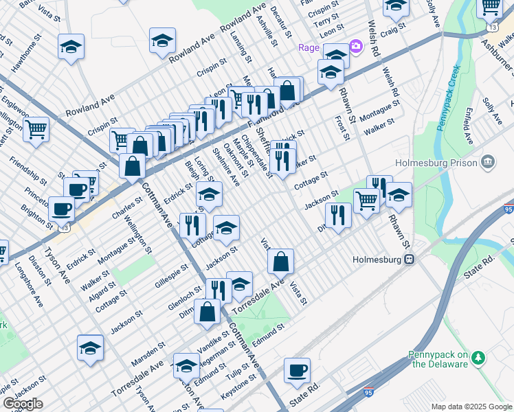 map of restaurants, bars, coffee shops, grocery stores, and more near 4401 Shelmire Avenue in Philadelphia