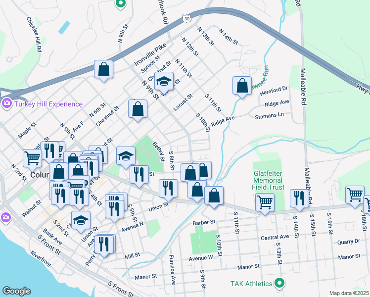 map of restaurants, bars, coffee shops, grocery stores, and more near 835 Houston Street in Columbia
