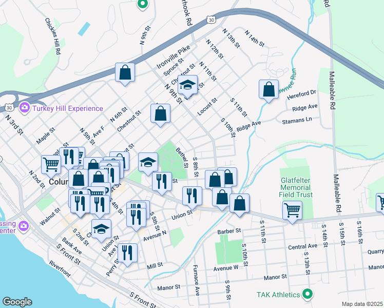 map of restaurants, bars, coffee shops, grocery stores, and more near 114 South 8th Street in Columbia