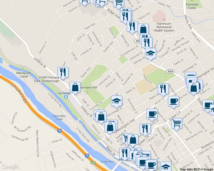 map of restaurants, bars, coffee shops, grocery stores, and more near 236 Delmar Street in Philadelphia