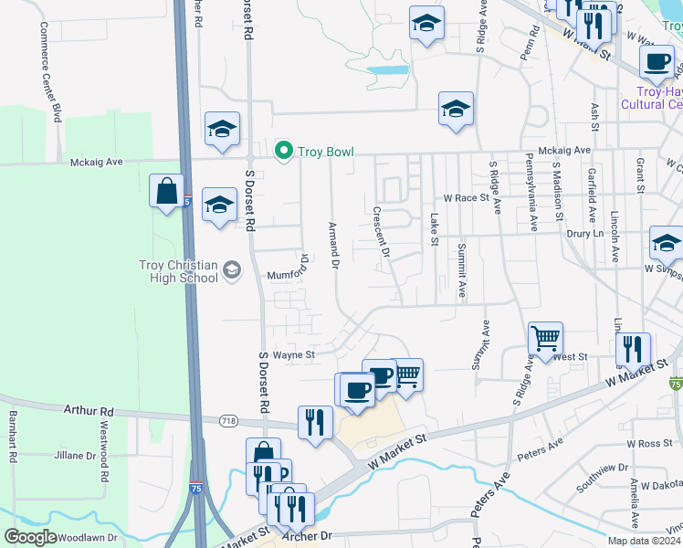 map of restaurants, bars, coffee shops, grocery stores, and more near 511 Armand Drive in Troy