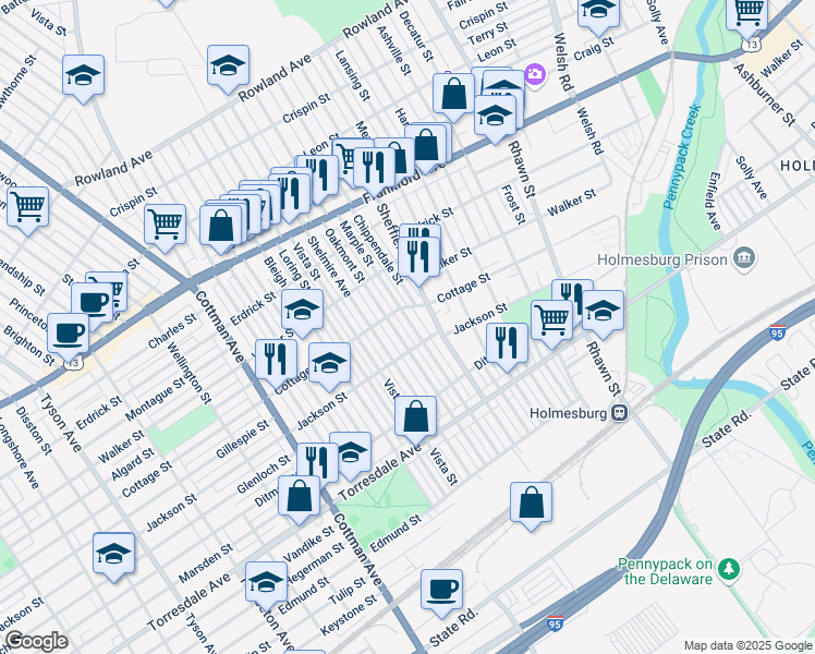 map of restaurants, bars, coffee shops, grocery stores, and more near 4501 Marple Street in Philadelphia