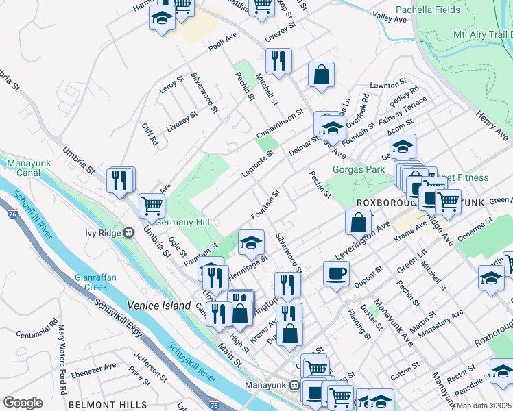 map of restaurants, bars, coffee shops, grocery stores, and more near 4812 Silverwood Street in Philadelphia