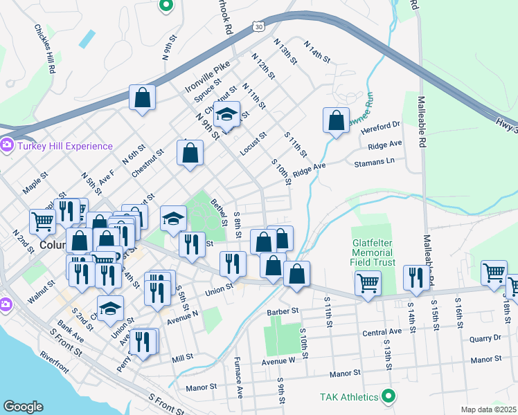 map of restaurants, bars, coffee shops, grocery stores, and more near 841 Houston Street in Columbia