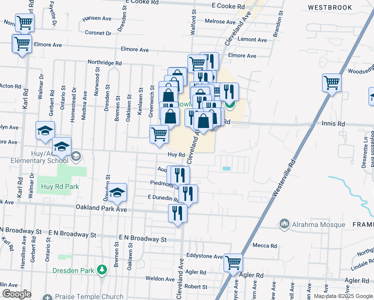 map of restaurants, bars, coffee shops, grocery stores, and more near 3322 Cleveland Avenue in Columbus