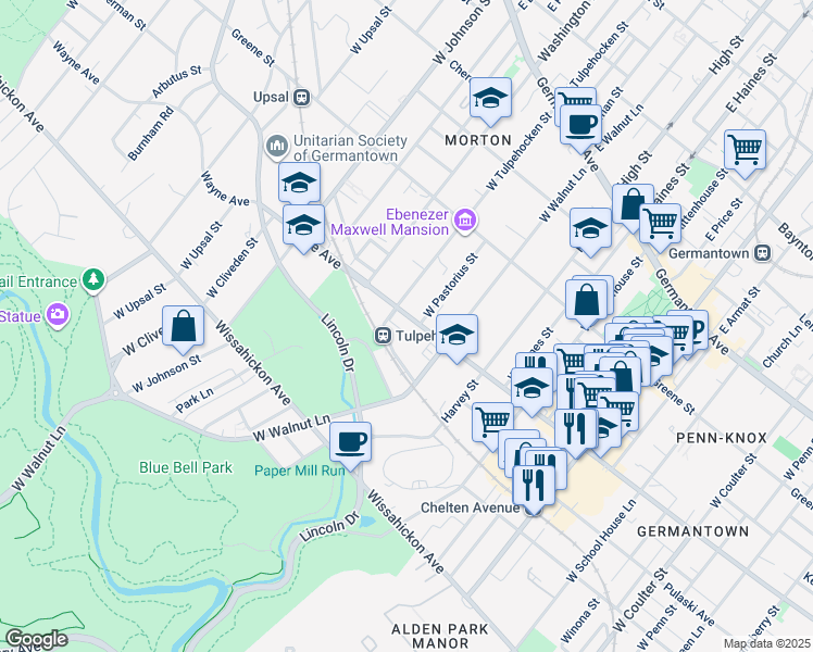 map of restaurants, bars, coffee shops, grocery stores, and more near 6152 Wayne Avenue in Philadelphia