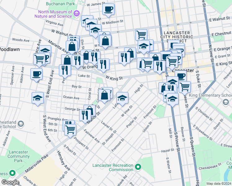 map of restaurants, bars, coffee shops, grocery stores, and more near 523 Manor Street in Lancaster