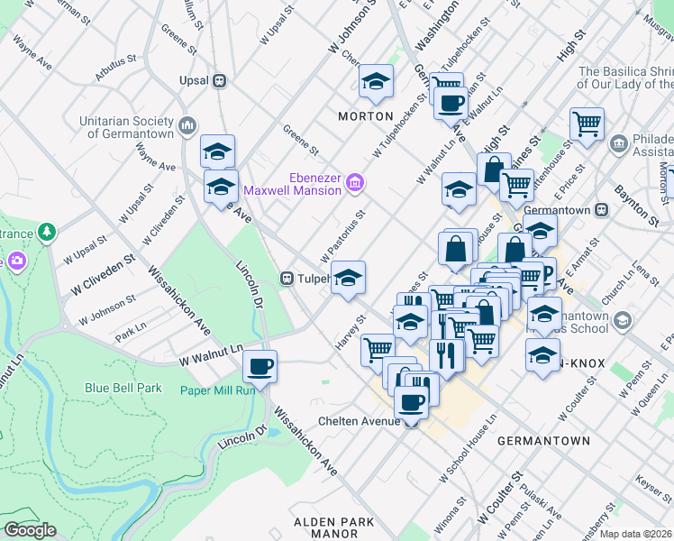map of restaurants, bars, coffee shops, grocery stores, and more near 6103 Wayne Avenue in Philadelphia