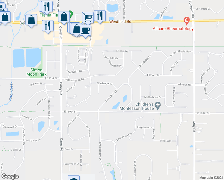 map of restaurants, bars, coffee shops, grocery stores, and more near 3862 Crest Point Drive in Noblesville