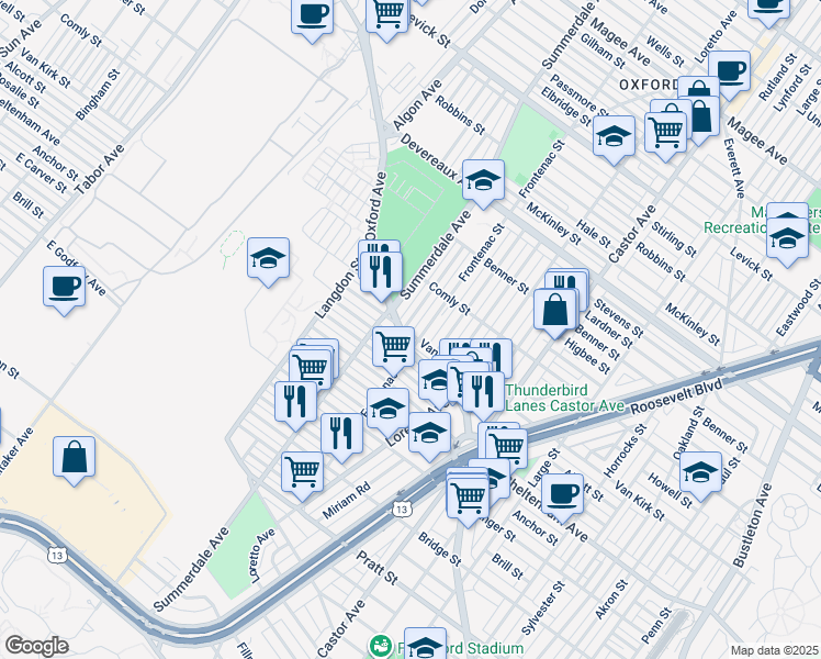 map of restaurants, bars, coffee shops, grocery stores, and more near 5901 Agusta Street in Philadelphia