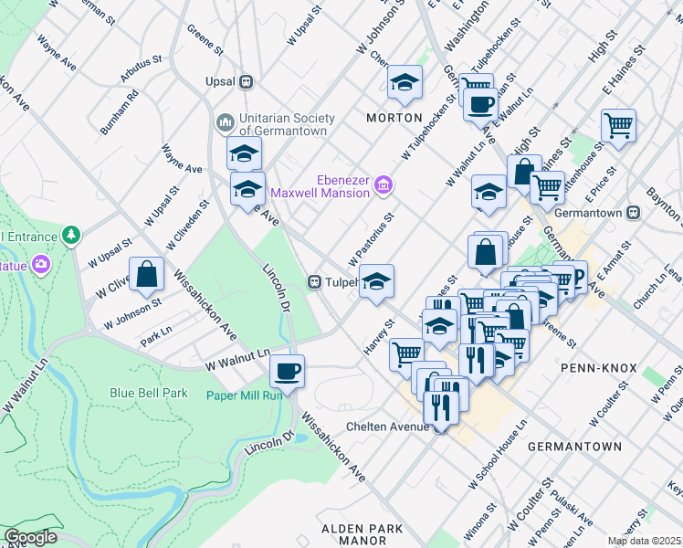 map of restaurants, bars, coffee shops, grocery stores, and more near 6146 Wayne Avenue in Philadelphia